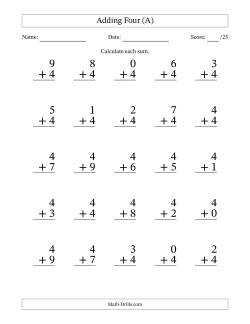 Adding Four to Single-Digit Numbers – 25 Large Print Questions